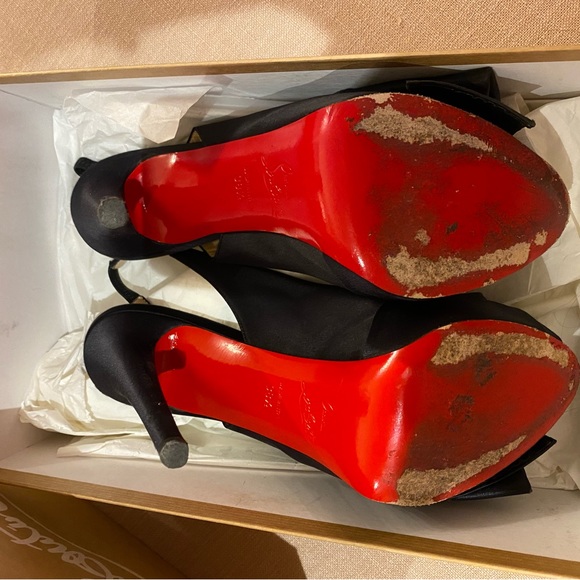 💯 Authentic Christian Louboutin black satin Bow Slingback Platform heel 38.5 - Picture 6 of 9